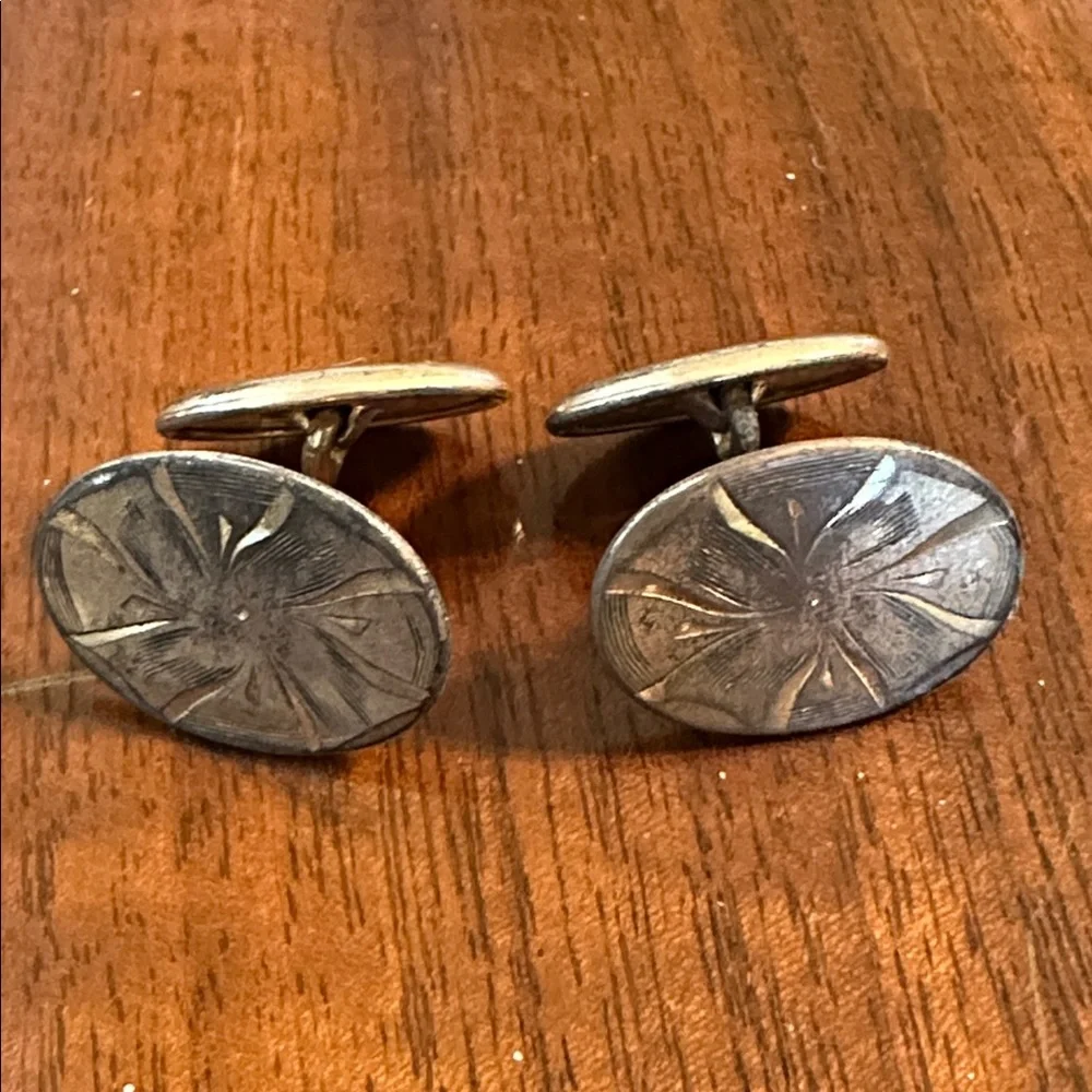 Vintage Etched Brass Oval‎ Cufflinks